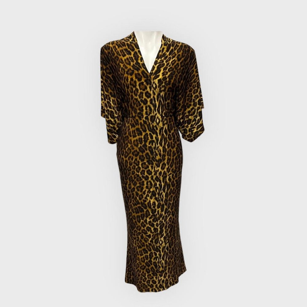 Norma Kamali Leopard Cheetah Dolman Sleeve V Neck Maxi Dress